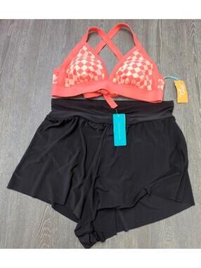 Kona Sol Aqua Green Coral Checkered Black 2pc Swimwear Women Size X